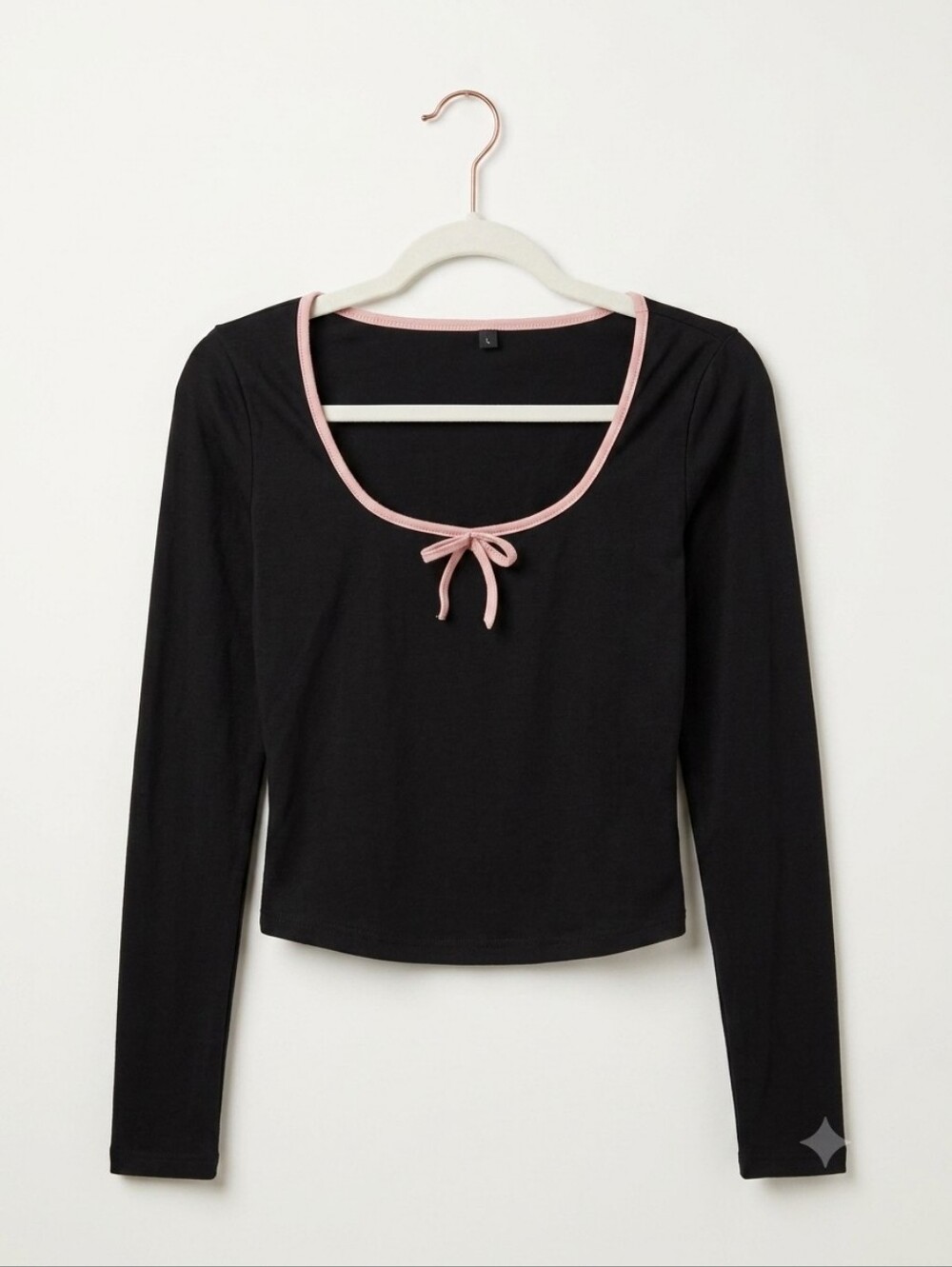 NEW Shein Y2K Inspired Coquette Black Crop Long Sleeve Top Pink Trim Bow Large
